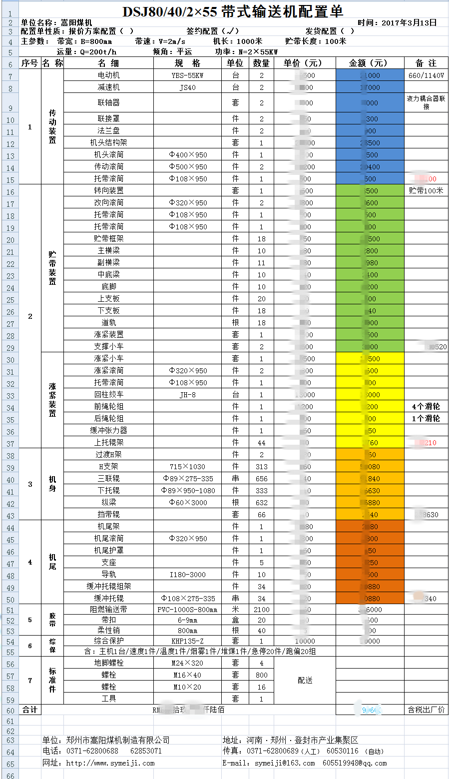 嵩陽煤機帶式輸送機報價單(絕密) 嵩陽煤機帶式輸送機報價單(絕密)